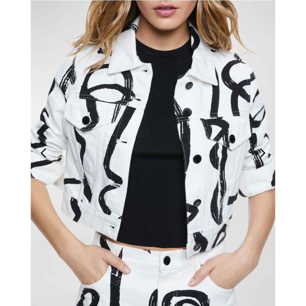 Alice+Olivia Chloe boxy white denim jacket artist shira barzilay collab